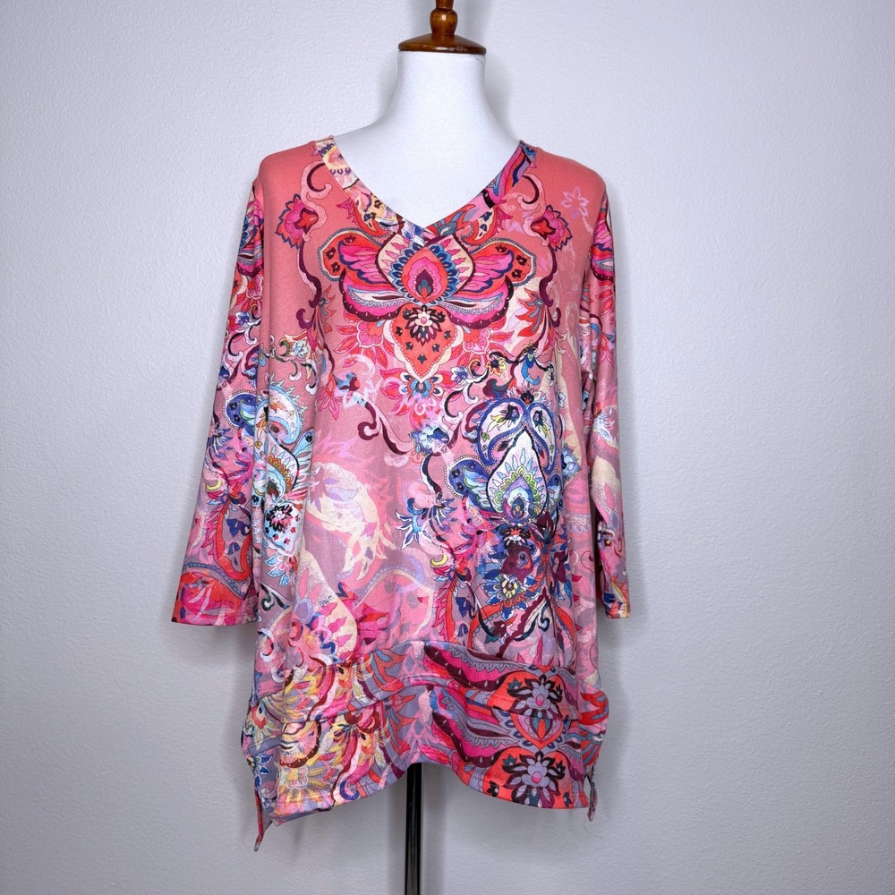 SOFT SURROUNDINGS Paisley Tunic Top 1X Coral Colorful Maximalist V-Neck 3/4 Slvs